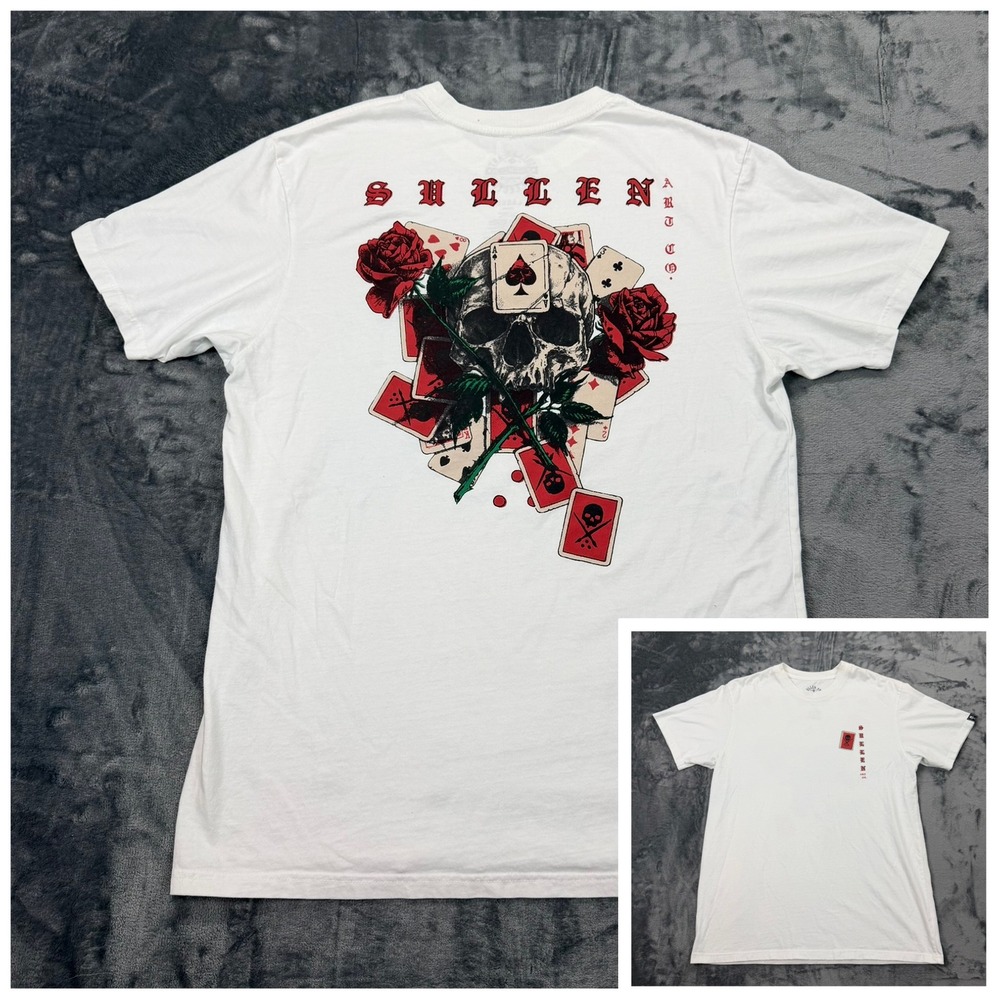Y2K Sullen Art Collective Mens White Skull Roses Playing Cards Graphic T-Shirt L